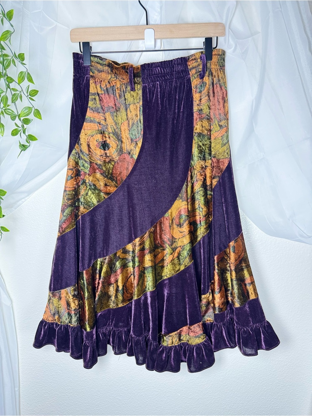 Bohemian Purple Velvet Midi Skirt w Abstract Floral Patchwork Ruffle Hem Fizzle